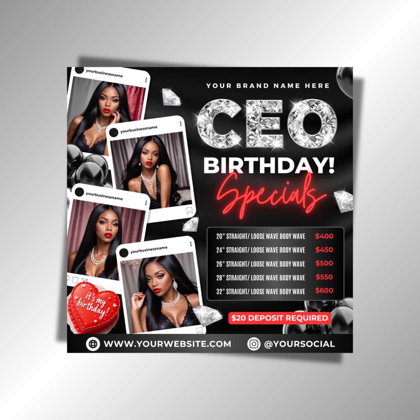 ceo birthday
hair specials
hair extensions
wig vendor
editable flyer
canva template
digital download
hair business
salon marketing
luxury hair
price list
deposit required
body wave
straight hair
bundles deals
beauty flyer