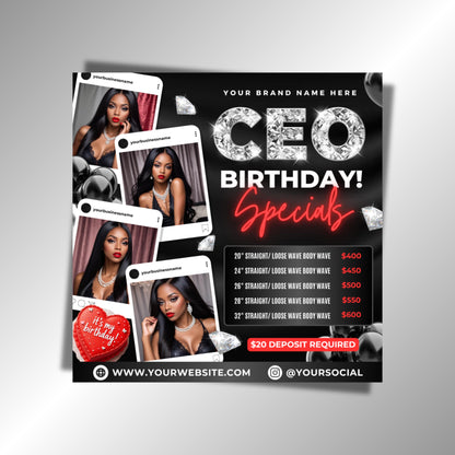 CEO Birthday
Hair Specials
Hair Extensions
Wig Vendor
Editable Flyer
Canva Template
Digital Download
Hair Business
Salon Marketing
Luxury Hair
Price List
Deposit Required
Body Wave
Straight Hair
Bundles Deals
Beauty Flyer