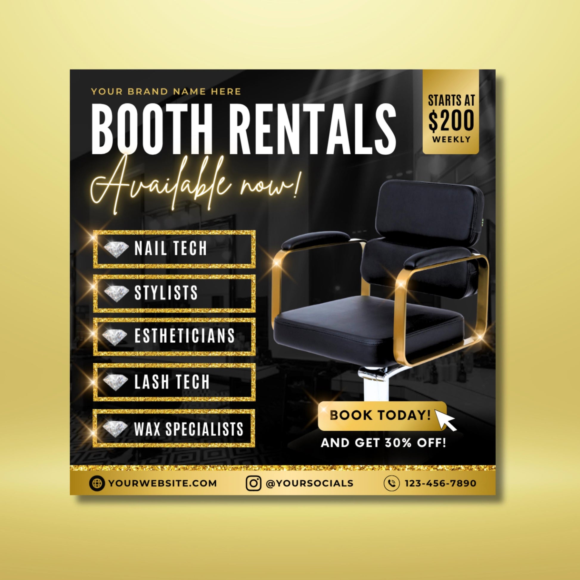 booth rental flyer  
salon chair rental template  
stylist booth rental flyer  
editable salon flyer  
nail tech rental poster  
lash tech rental flyer  
wax specialist flyer  
esthetician booth rental  
black gold flyer template  
canva salon flyer  
hair stylist rental poster  
beauty salon flyer template  
printable rental flyer