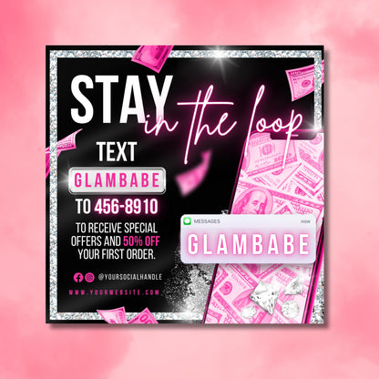 text alert flyer  
sms marketing template  
editable business flyer  
pink glitter flyer template  
customer sign up flyer  
canva marketing flyer  
loyalty program flyer  
pink business flyer  
text club flyer template  
phone marketing flyer  
glam flyer template  
money background flyer  
business promo flyer