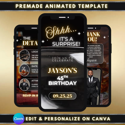 whiskey birthday invitation, animated party invite, surprise birthday template, digital event invite, whiskey tasting invitation, luxury birthday ecard, editable animated invitation, milestone birthday party template, 3 in 1 digital invite, gentleman’s party invitation, upscale event ecard, whiskey themed birthday, animated thank you note