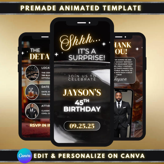 whiskey birthday invitation, animated party invite, surprise birthday template, digital event invite, whiskey tasting invitation, luxury birthday ecard, editable animated invitation, milestone birthday party template, 3 in 1 digital invite, gentleman’s party invitation, upscale event ecard, whiskey themed birthday, animated thank you note