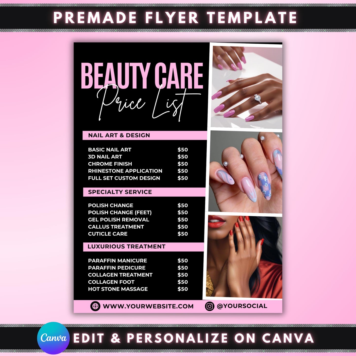 nail salon price list flyer, nail tech pricelist template, editable canva pricelist, nail services menu flyer, nail business template