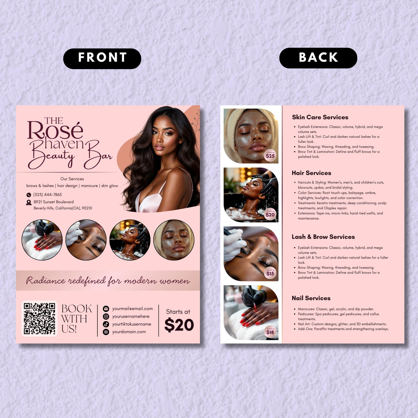 beauty salon flyer
spa price list template
hair salon service menu
lash tech flyer template
nail salon price list
esthetician flyer template
salon price sheet
hair stylist flyer
modern salon flyer
service menu template
editable beauty salon flyer template, 2 page price list for spa, hair, nails, and lash services
modern canva beauty service menu template for hairstylist, lash tech, nail artist, and esthetician
printable and digital beauty salon flyer design with customizable text and photos