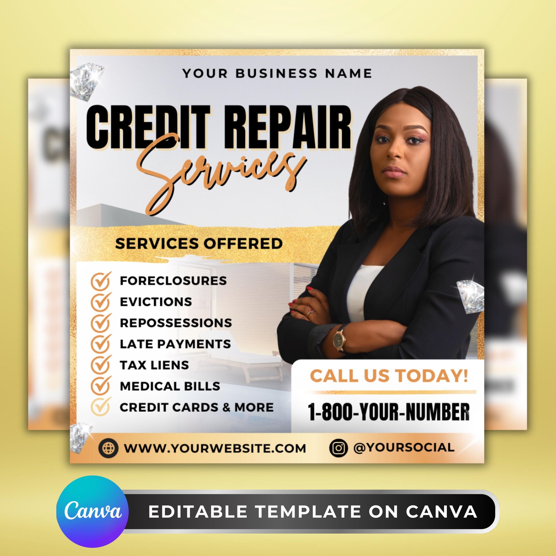 Editable Credit Repair Flyer Template with black and gold design, featuring professional businesswoman photo and service list including foreclosures, evictions, repossessions, late payments, tax liens, medical bills, and credit cards. Canva template for financial service businesses.