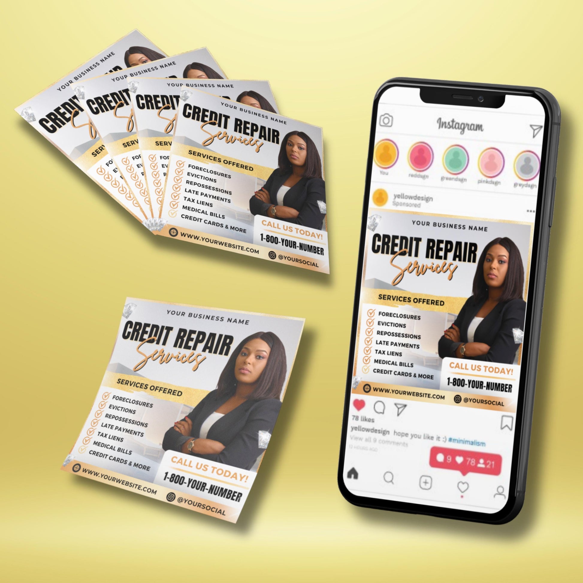 Editable Credit Repair Flyer Template with black and gold design, featuring professional businesswoman photo and service list including foreclosures, evictions, repossessions, late payments, tax liens, medical bills, and credit cards. Canva template for financial service businesses.