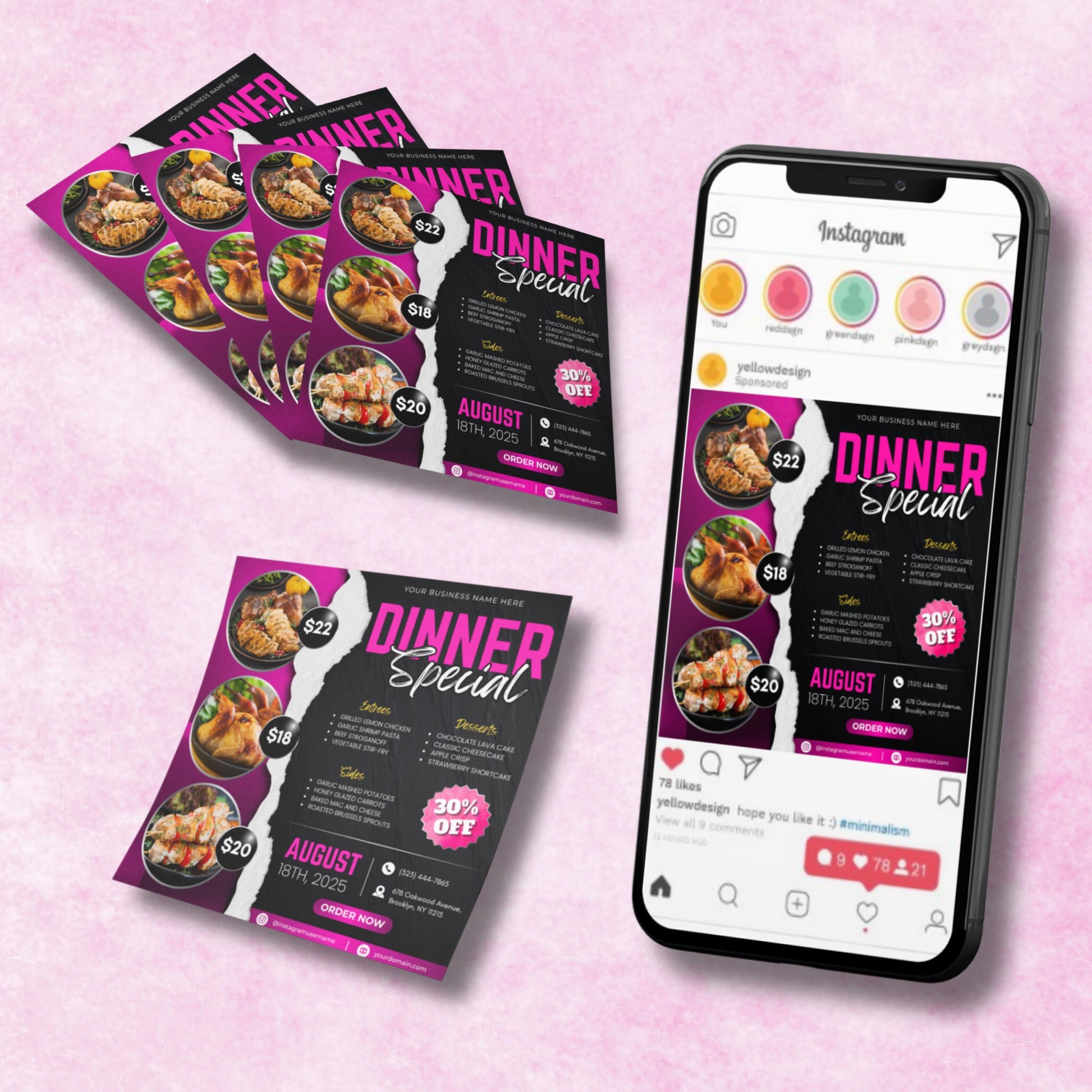 Dinner
Sale
Special
Promotion
Discount
Flyer
Template
Menu
Food
Restaurant
Meal
Offer
Limited Time
Order Now
Takeout
Delivery
Event
Appetizing
Photorealistic
Graphic
Vector
Customizable
Editable
Layout
Grid
Typography
Entrees
Sides
Desserts
Chicken
Beef
Shrimp
Pasta
Vegetarian
Stir-Fry
Mashed Potatoes
Carrots
Mac and Cheese
Brussels Sprouts
Chocolate
Cheesecake
Apple
StrawberryOrder Online
Contact Us
Limited Offer
Dont Miss Out
Grab Yours