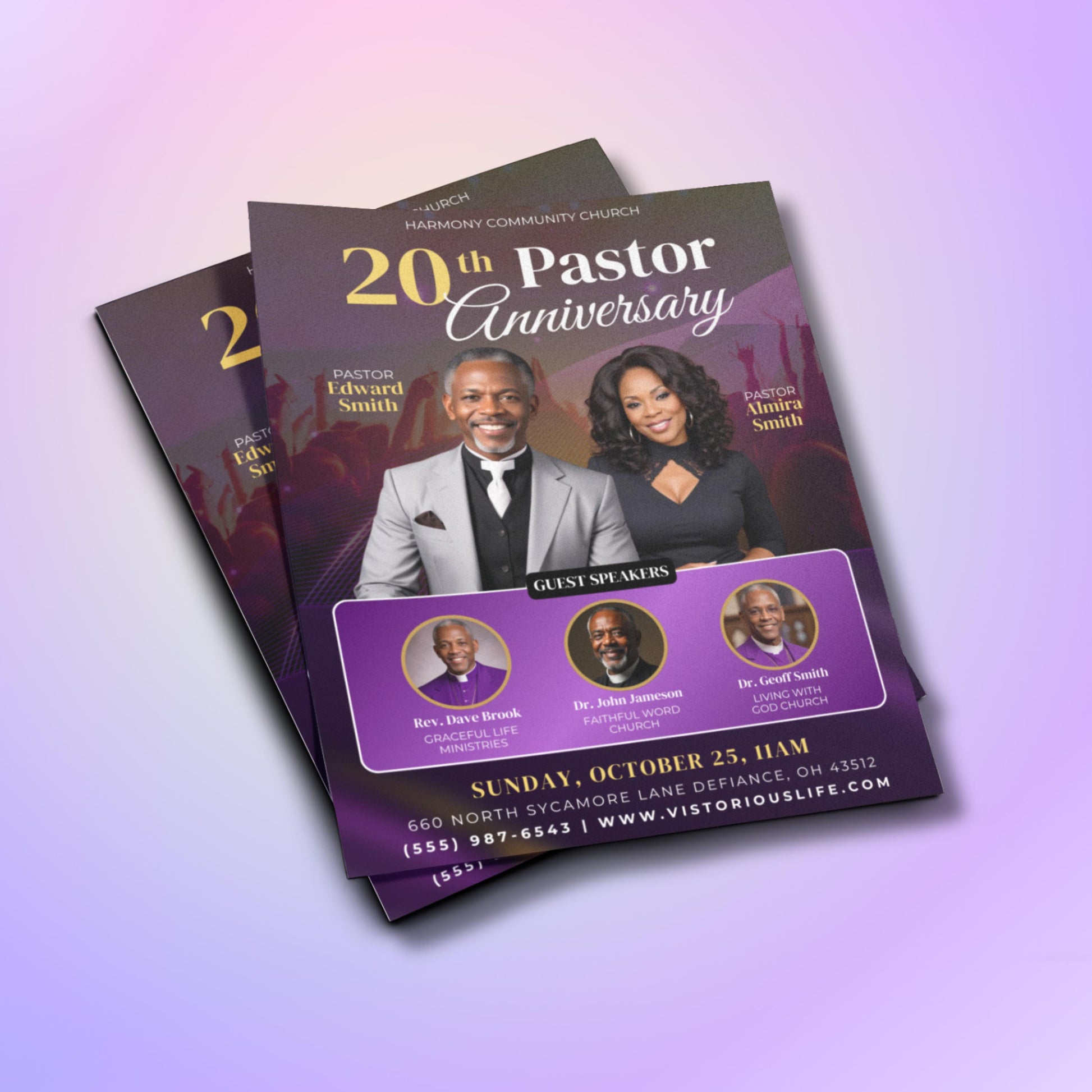 A digital flyer template for a &quot;Pastor Anniversary&quot; event for Community Church. The top half features photos of &quot;Pastor Edward Smith&quot; and &quot;Pastor Almira Smith.&quot; Below them, a purple section highlights &quot;Guest Speakers&quot; with three circular photos. The bottom of the flyer includes event details:  The overall design is dark with gold and pink accents.