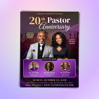 A digital flyer template for a &quot;Pastor Anniversary&quot; event for Community Church. The top half features photos of &quot;Pastor Edward Smith&quot; and &quot;Pastor Almira Smith.&quot; Below them, a purple section highlights &quot;Guest Speakers&quot; with three circular photos. The bottom of the flyer includes event details:  The overall design is dark with gold and pink accents.