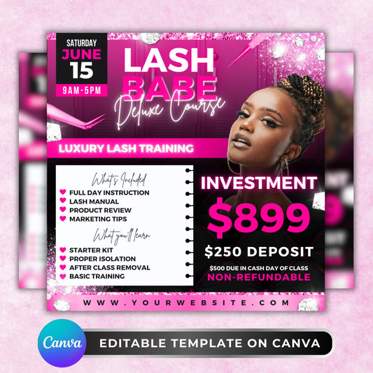Editable Lash Babe Deluxe Course Flyer Template for lash training classes, featuring pink and black design with pricing, details, and modern beauty theme.