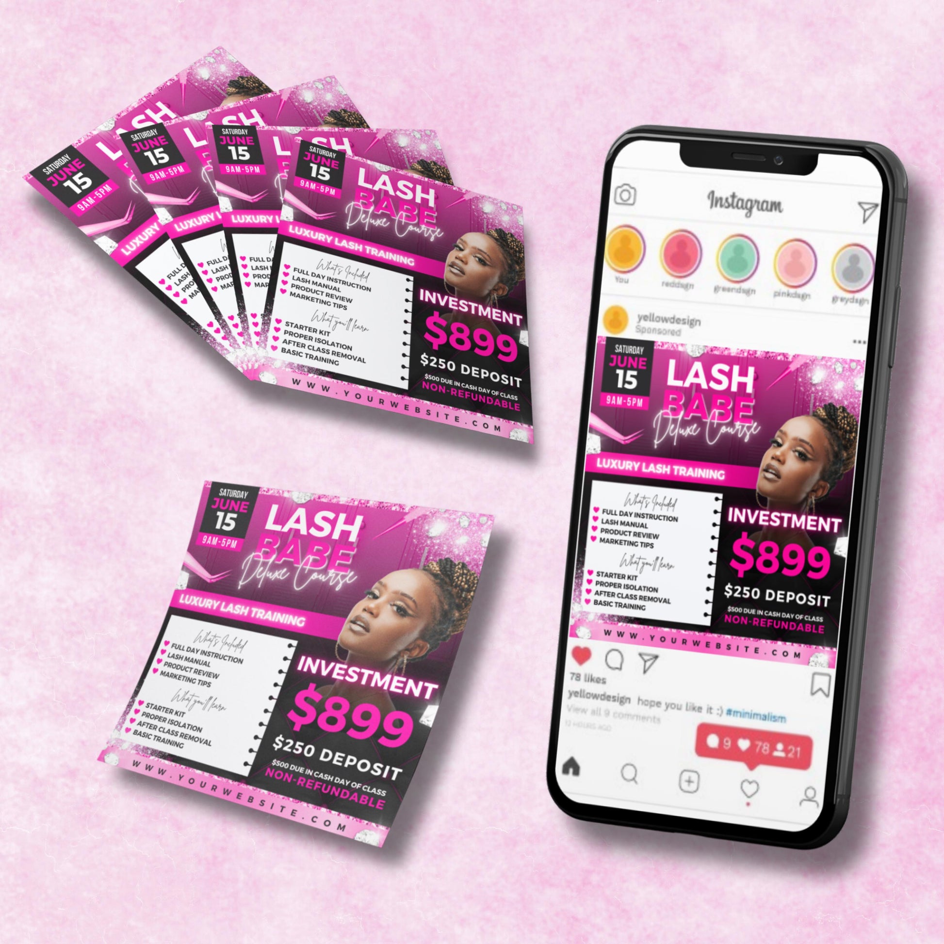 Editable Lash Babe Deluxe Course Flyer Template for lash training classes, featuring pink and black design with pricing, details, and modern beauty theme.