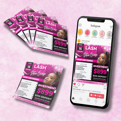 Editable Lash Babe Deluxe Course Flyer Template for lash training classes, featuring pink and black design with pricing, details, and modern beauty theme.