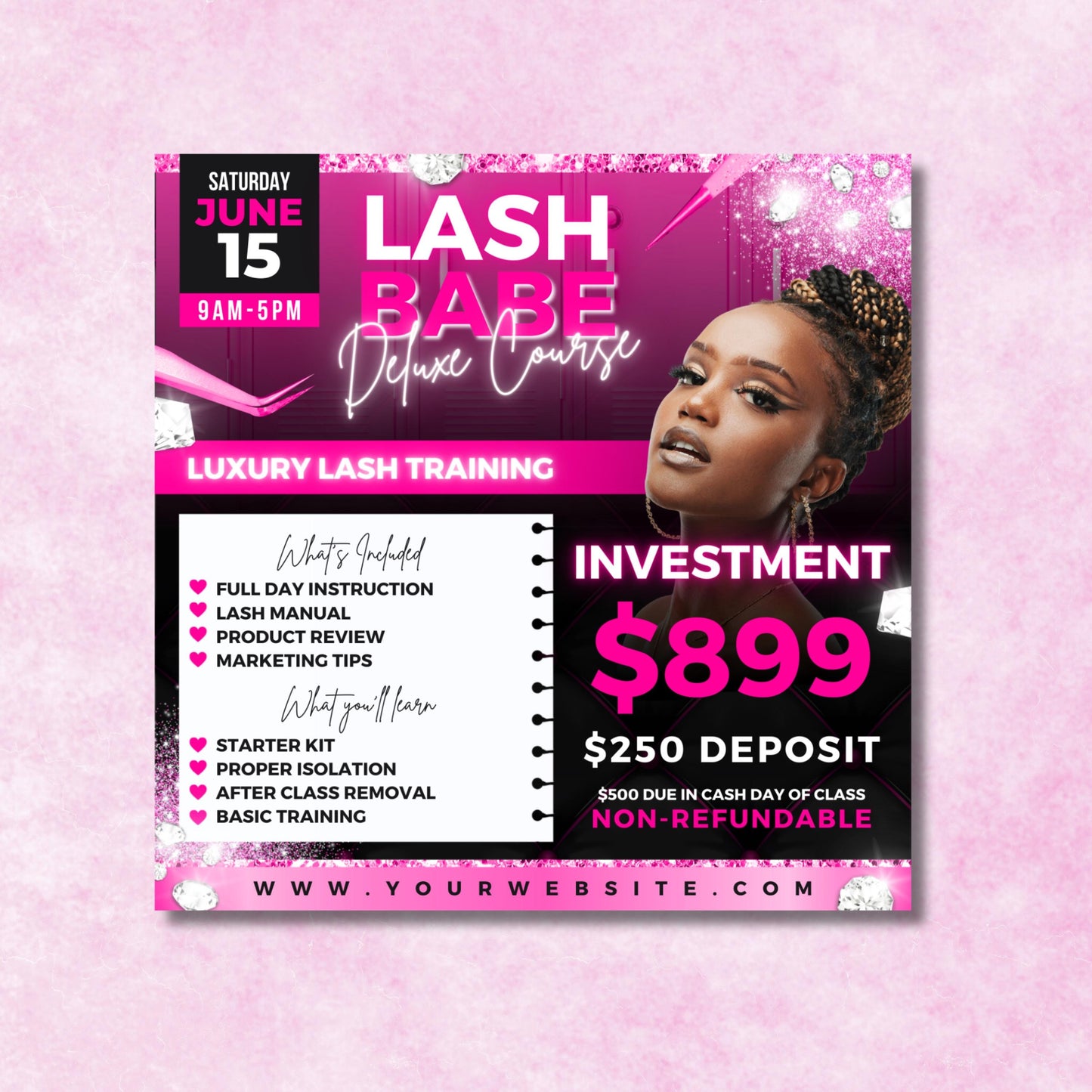 editable lash babe deluxe course flyer template for lash training classes, featuring pink and black design with pricing, details, and modern beauty theme.