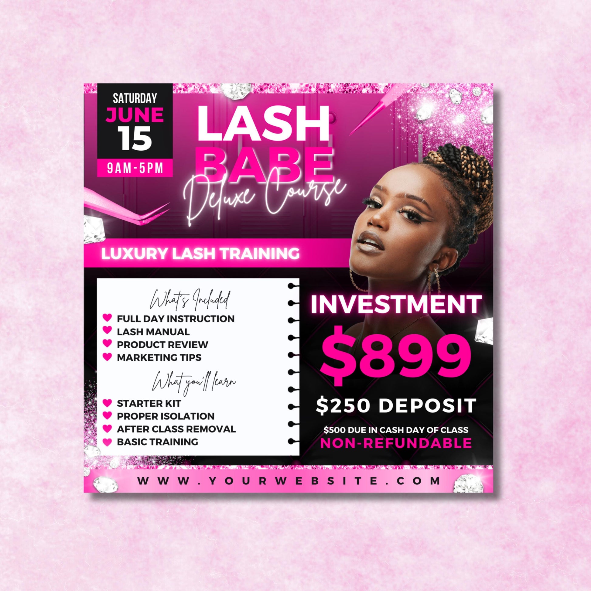 Editable Lash Babe Deluxe Course Flyer Template for lash training classes, featuring pink and black design with pricing, details, and modern beauty theme.