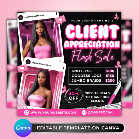 Editable client appreciation flash sale flyer template for braiders and hairstylists, featuring pink and black design with pricing for knotless, goddess locs, and jumbo braids.