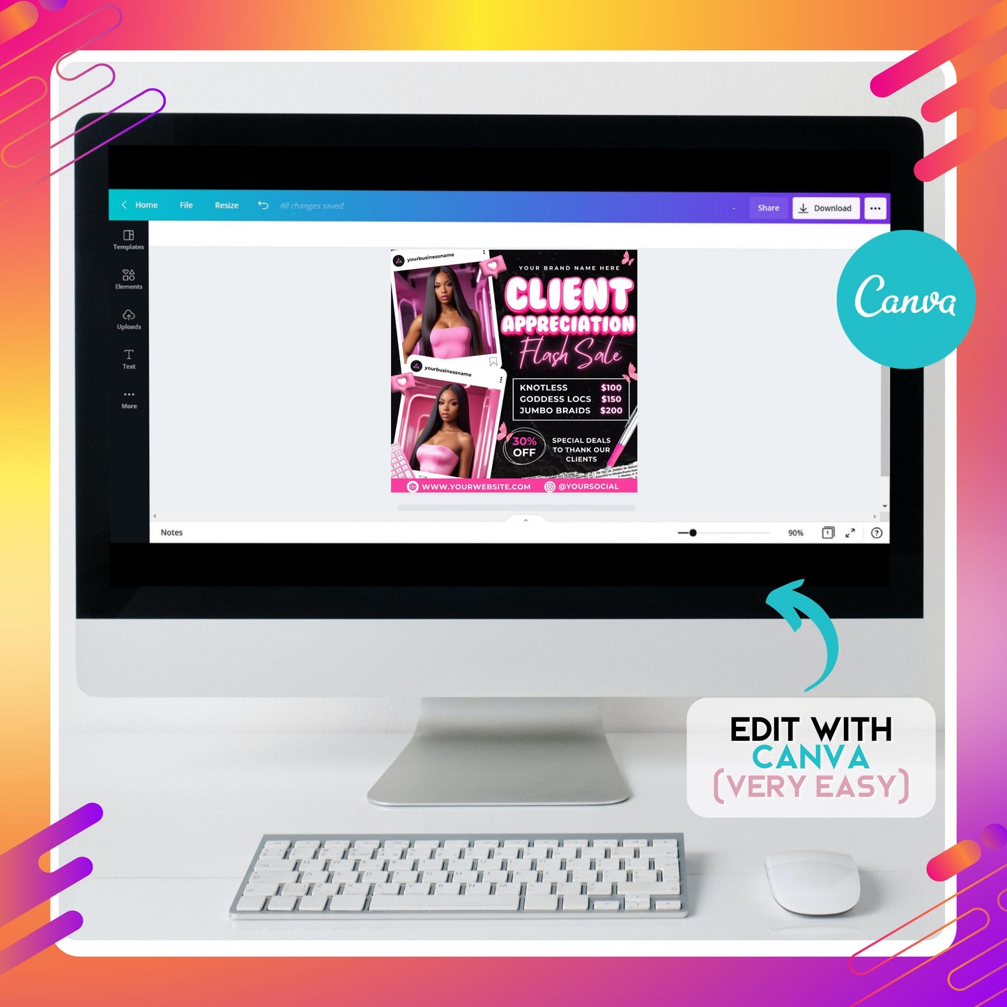 editable client appreciation flash sale flyer template for braiders and hairstylists, featuring pink and black design with pricing for knotless, goddess locs, and jumbo braids.