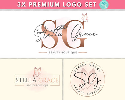 Beauty Logo Set Template, 3x Premium Salon Boutique Logo, Feminine Branding Kit, Modern Butterfly Logo Design, Editable Hair Lash Spa Logo