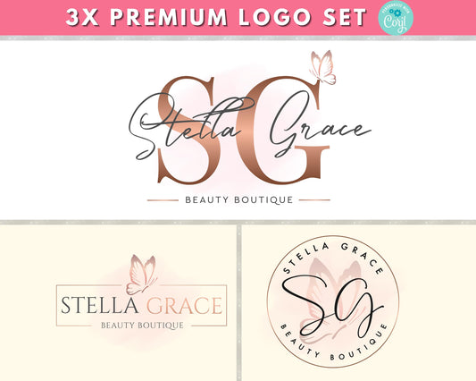 Beauty Logo Set Template, 3x Premium Salon Boutique Logo, Feminine Branding Kit, Modern Butterfly Logo Design, Editable Hair Lash Spa Logo