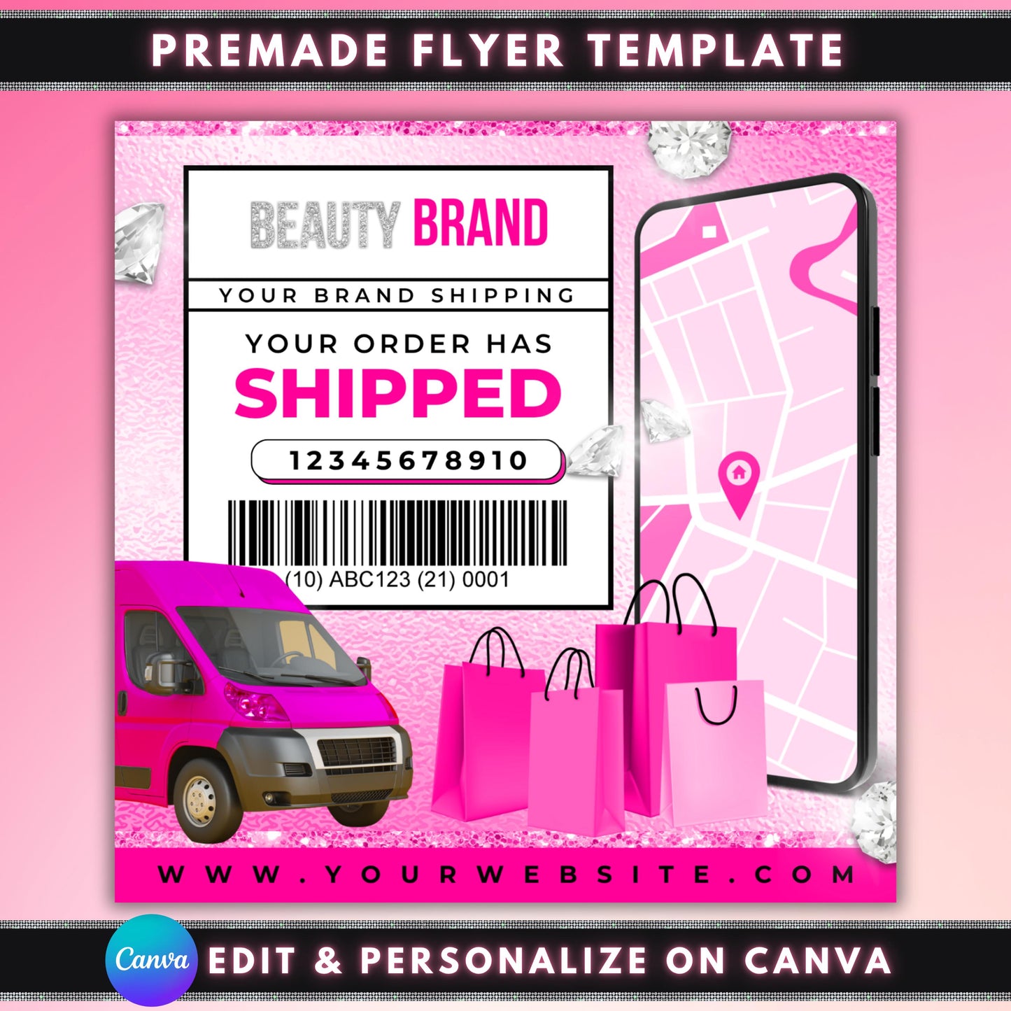 shipped out flyer template, editable canva shipping insert, order notification template, digital beauty business flyer, shipped out notice