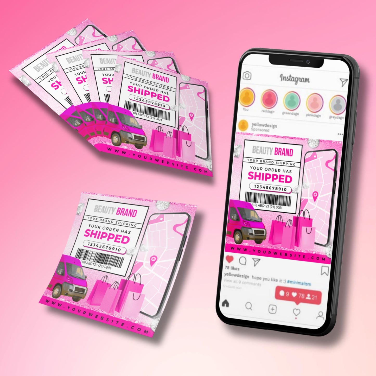 shipped out flyer template, editable canva shipping insert, order notification template, digital beauty business flyer, shipped out notice