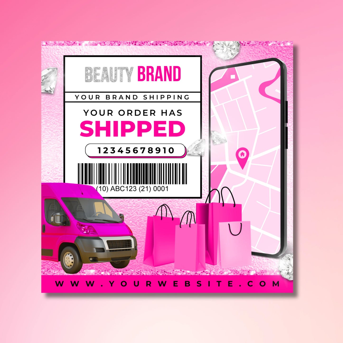 shipped out flyer template, editable canva shipping insert, order notification template, digital beauty business flyer, shipped out notice