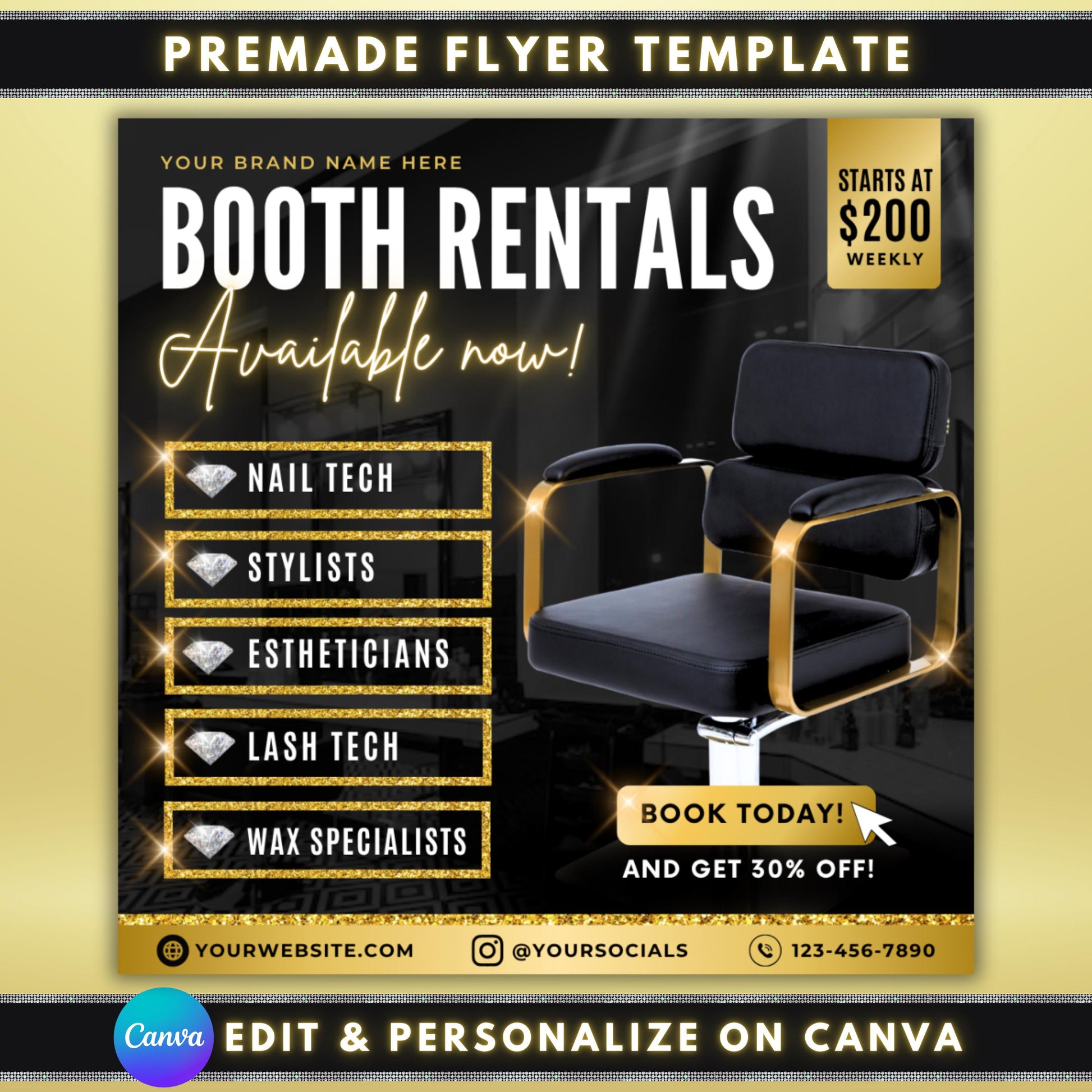 booth rental flyer  
salon chair rental template  
stylist booth rental flyer  
editable salon flyer  
nail tech rental poster  
lash tech rental flyer  
wax specialist flyer  
esthetician booth rental  
black gold flyer template  
canva salon flyer  
hair stylist rental poster  
beauty salon flyer template  
printable rental flyer