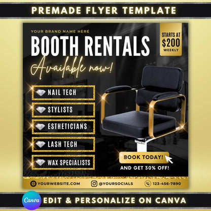 booth rental flyer  
salon chair rental template  
stylist booth rental flyer  
editable salon flyer  
nail tech rental poster  
lash tech rental flyer  
wax specialist flyer  
esthetician booth rental  
black gold flyer template  
canva salon flyer  
hair stylist rental poster  
beauty salon flyer template  
printable rental flyer