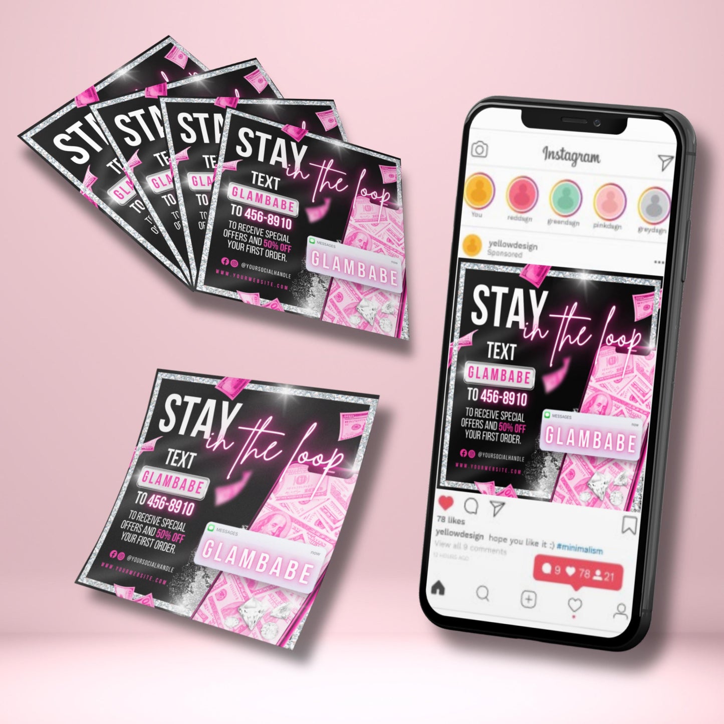 text alert flyer  
sms marketing template  
editable business flyer  
pink glitter flyer template  
customer sign up flyer  
canva marketing flyer  
loyalty program flyer  
pink business flyer  
text club flyer template  
phone marketing flyer  
glam flyer template  
money background flyer  
business promo flyer