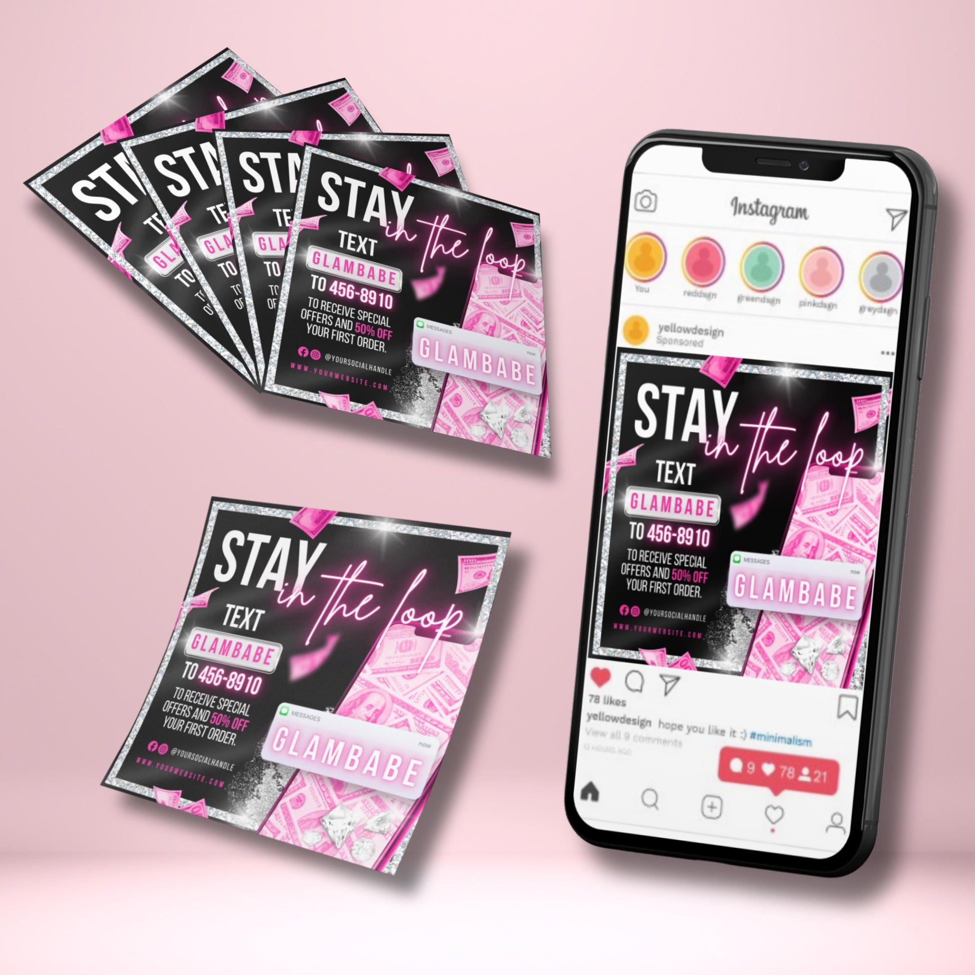 text alert flyer  
sms marketing template  
editable business flyer  
pink glitter flyer template  
customer sign up flyer  
canva marketing flyer  
loyalty program flyer  
pink business flyer  
text club flyer template  
phone marketing flyer  
glam flyer template  
money background flyer  
business promo flyer