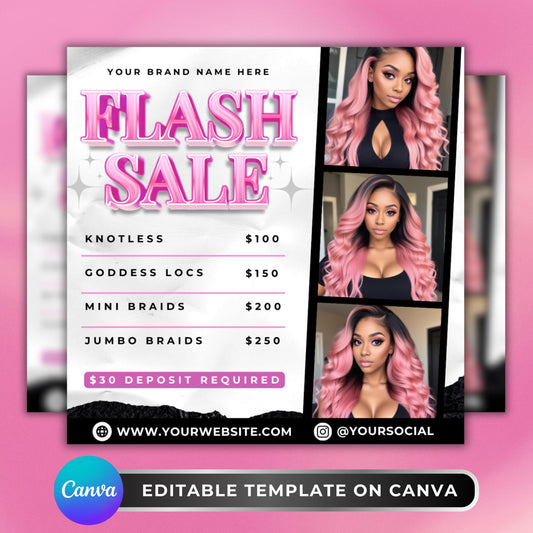 Editable Flash Sale Flyer Template with pink glam headline, service list (knotless, locs, braids) and model photos, designed for beauty and hair salons.