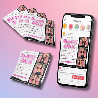 Editable Flash Sale Flyer Template with pink glam headline, service list (knotless, locs, braids) and model photos, designed for beauty and hair salons.