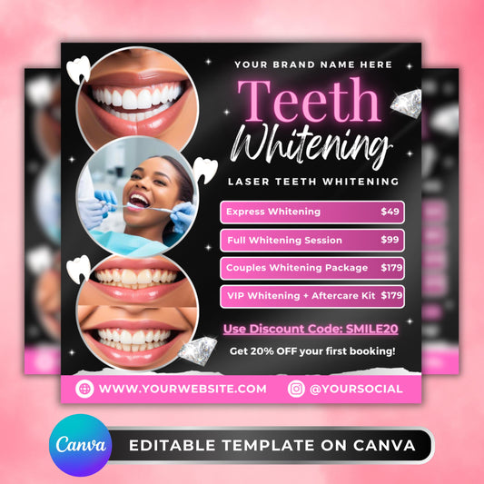 Editable Teeth Whitening Flyer Template with glam pink and black design, service price list, and smiling model photos. Perfect for salons and dental spas.