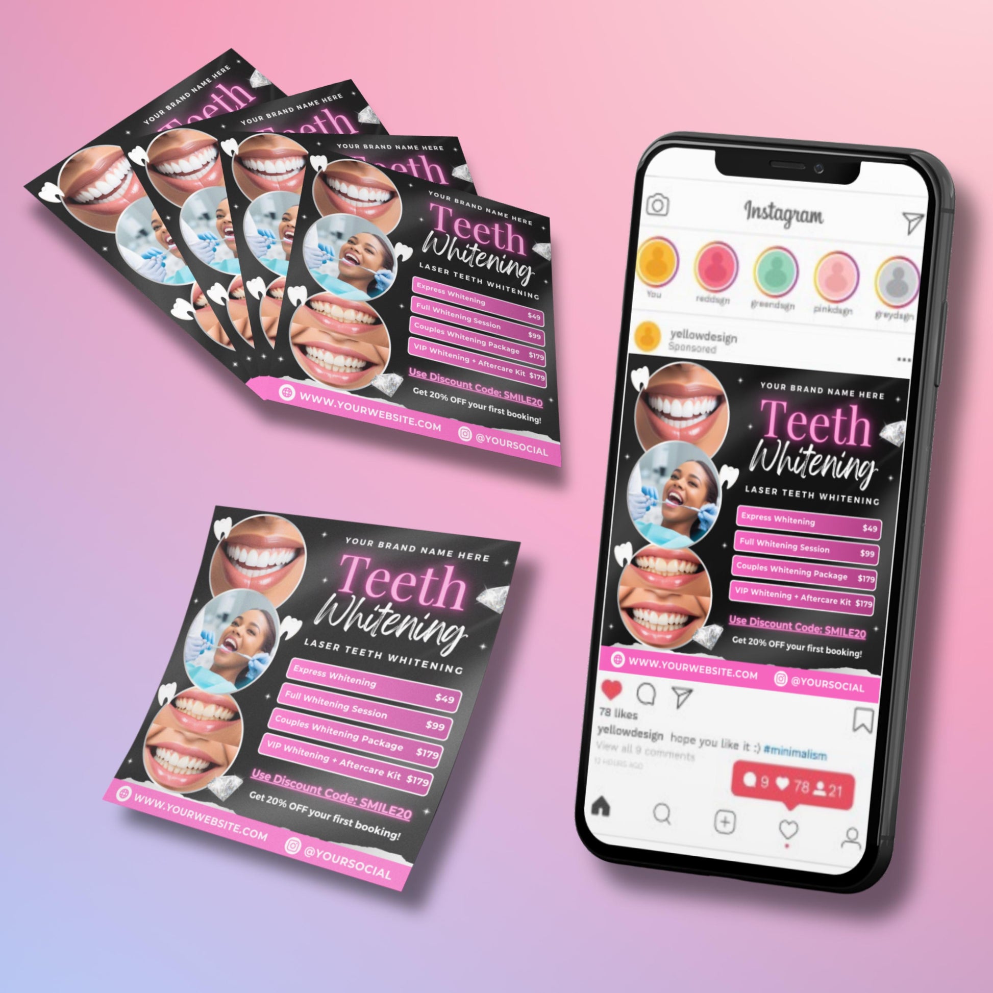 Editable Teeth Whitening Flyer Template with glam pink and black design, service price list, and smiling model photos. Perfect for salons and dental spas.