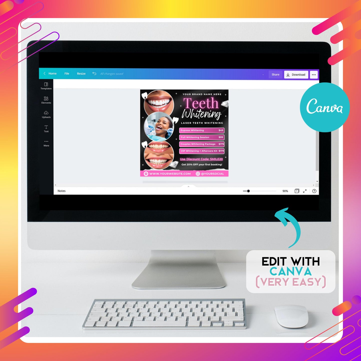 editable teeth whitening flyer template with glam pink and black design, service price list, and smiling model photos. perfect for salons and dental spas.