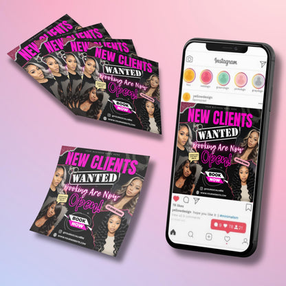 A bold and stylish “New Clients Wanted” flyer design with pink and black accents, featuring multiple beauty model photos, booking details, and a call-to-action to book now. Perfect for hair stylists, lash techs, nail artists, and salon professionals to attract new clients.