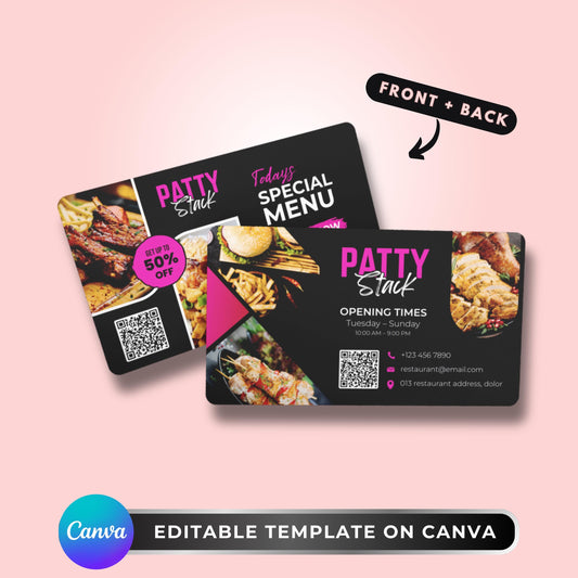 A modern editable restaurant business card template in Canva, showing the front and back design with food images, QR code, bold restaurant name, contact details, and special menu promotion.