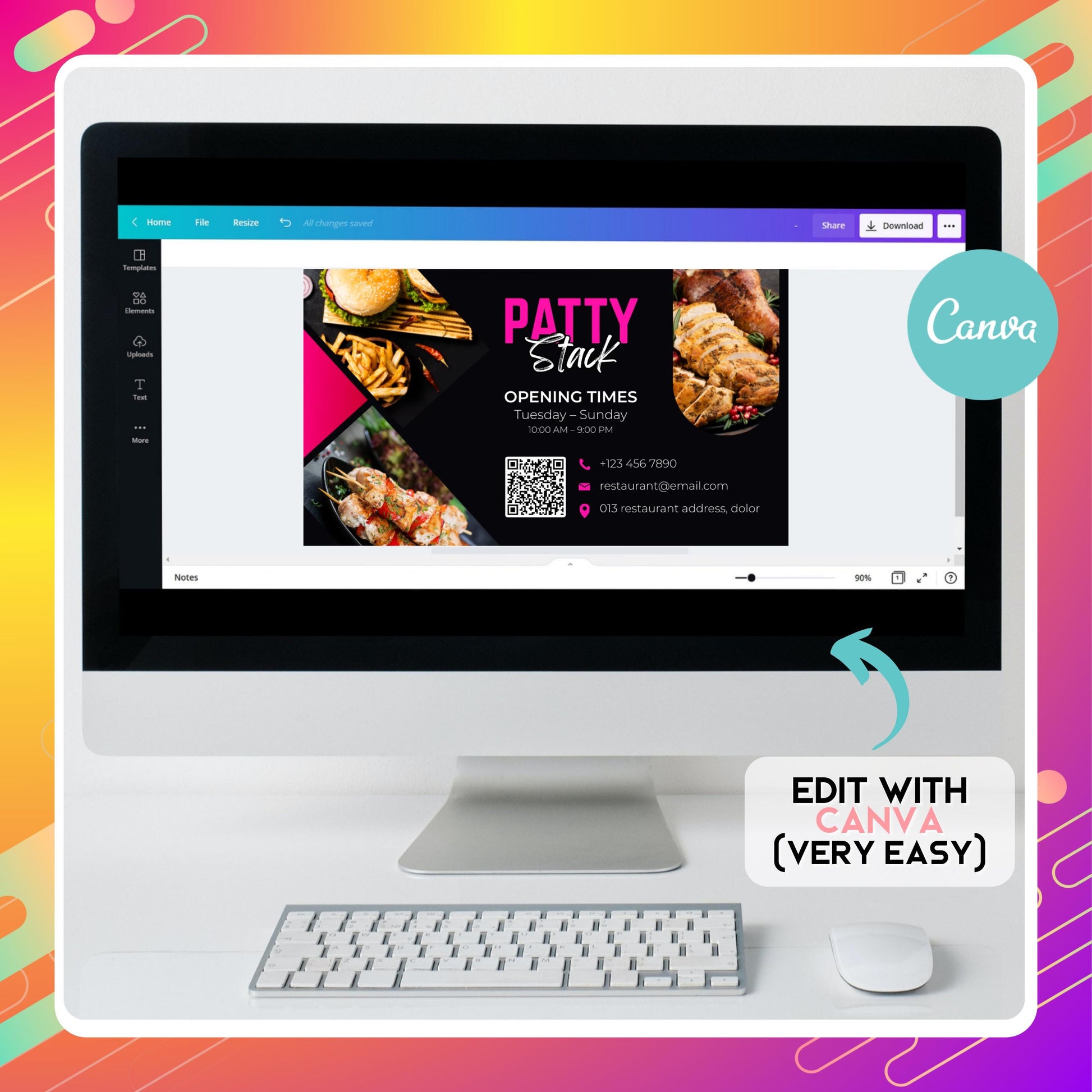 A modern editable restaurant business card template in Canva, showing the front and back design with food images, QR code, bold restaurant name, contact details, and special menu promotion.