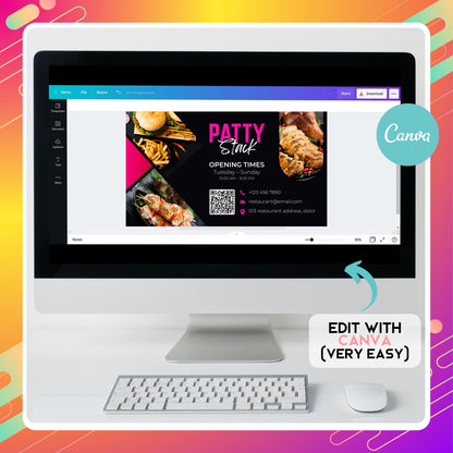 A modern editable restaurant business card template in Canva, showing the front and back design with food images, QR code, bold restaurant name, contact details, and special menu promotion.