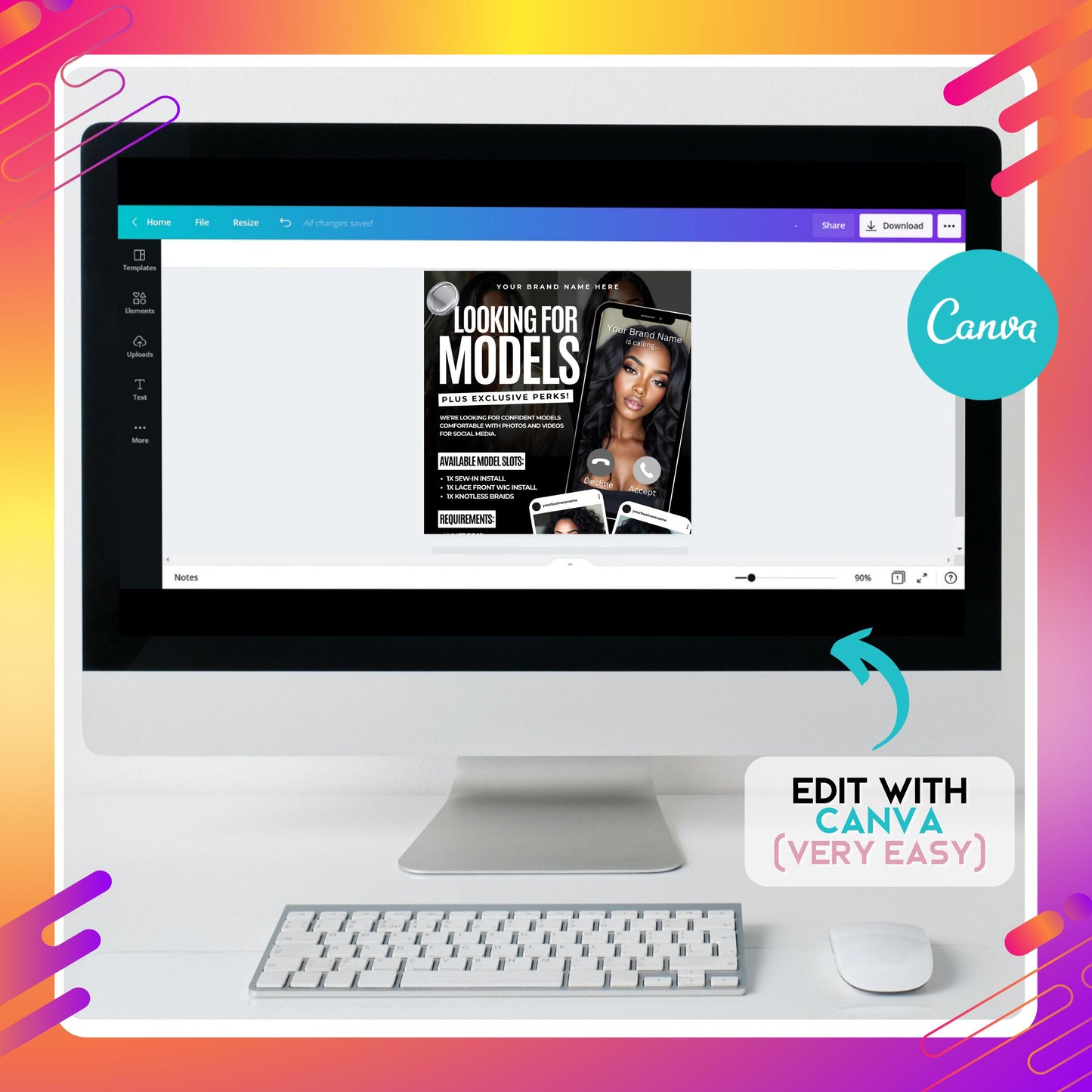 editable canva flyer template for hair stylists and beauty businesses, featuring a “looking for models” design with bold text, phone call graphic, and photo placeholders.