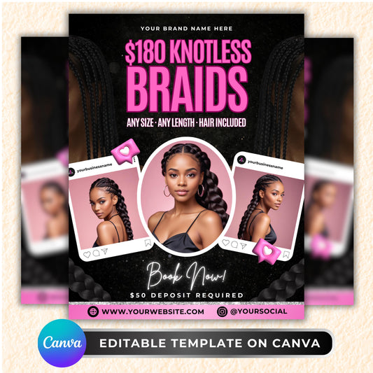 knotless braids flyer
braid price flyer
braiding flyer template
beauty salon flyer
hair stylist template
editable canva flyer
hair price list template
salon service menu
braid service flyer
hair braiding template
beauty business marketing
braider flyer design
hair salon advertising flyer