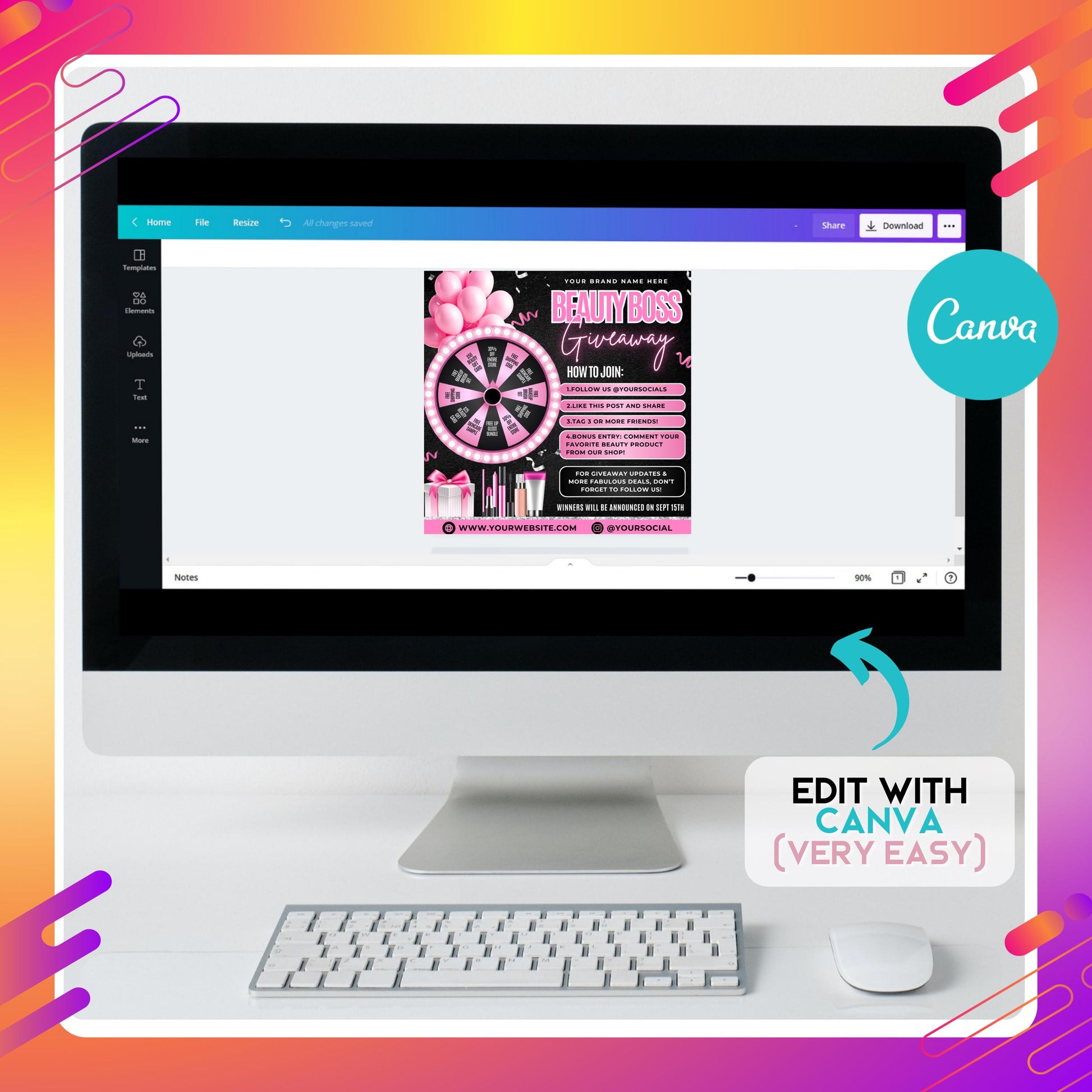 Editable Canva giveaway flyer with a pink and black spin-the-wheel design, featuring beauty prizes, pink balloons, and customizable text for social media contests and small business promotions.