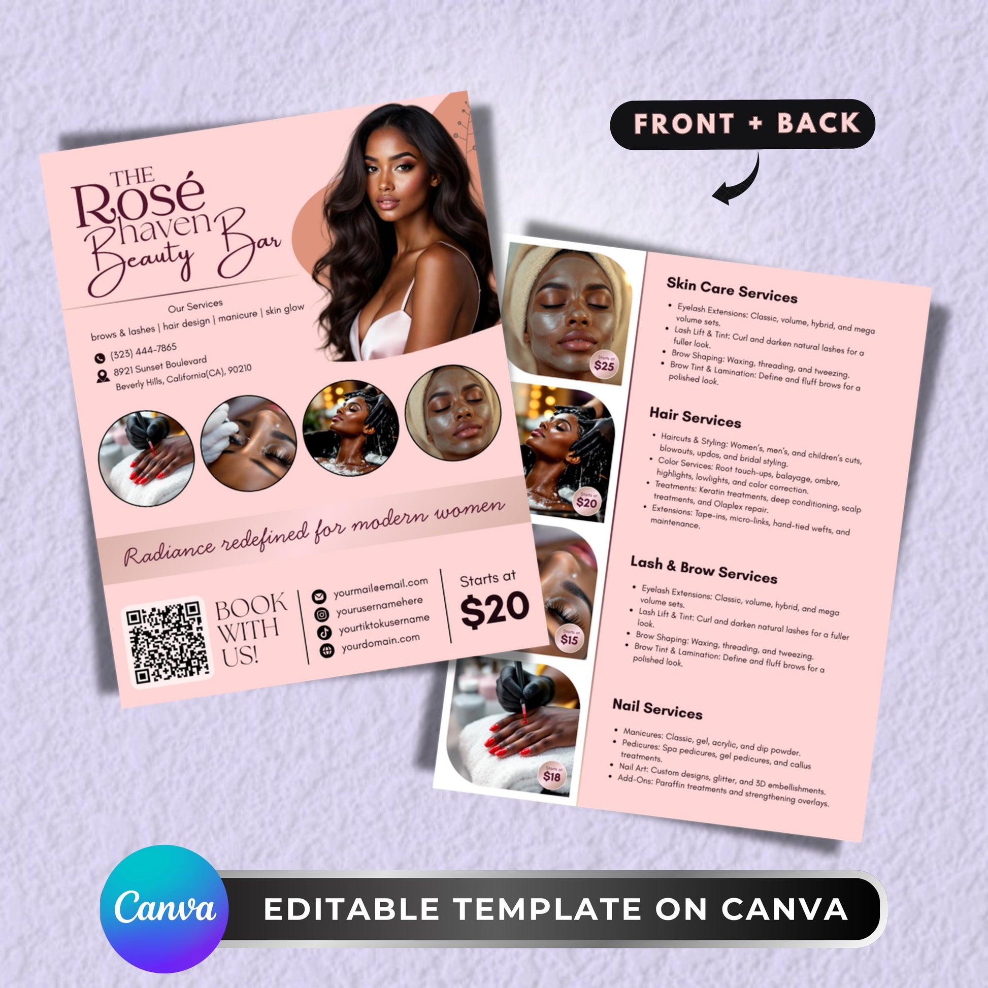 Beauty salon flyer
Spa price list template
Hair salon service menu
Lash tech flyer template
Nail salon price list
Esthetician flyer template
Salon price sheet
Hair stylist flyer
Modern salon flyer
Service menu template
Editable beauty salon flyer template, 2 page price list for spa, hair, nails, and lash services
Modern Canva beauty service menu template for hairstylist, lash tech, nail artist, and esthetician
Printable and digital beauty salon flyer design with customizable text and photos