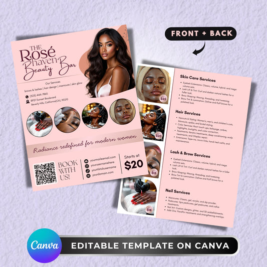 Beauty salon flyer
Spa price list template
Hair salon service menu
Lash tech flyer template
Nail salon price list
Esthetician flyer template
Salon price sheet
Hair stylist flyer
Modern salon flyer
Service menu template
Editable beauty salon flyer template, 2 page price list for spa, hair, nails, and lash services
Modern Canva beauty service menu template for hairstylist, lash tech, nail artist, and esthetician
Printable and digital beauty salon flyer design with customizable text and photos