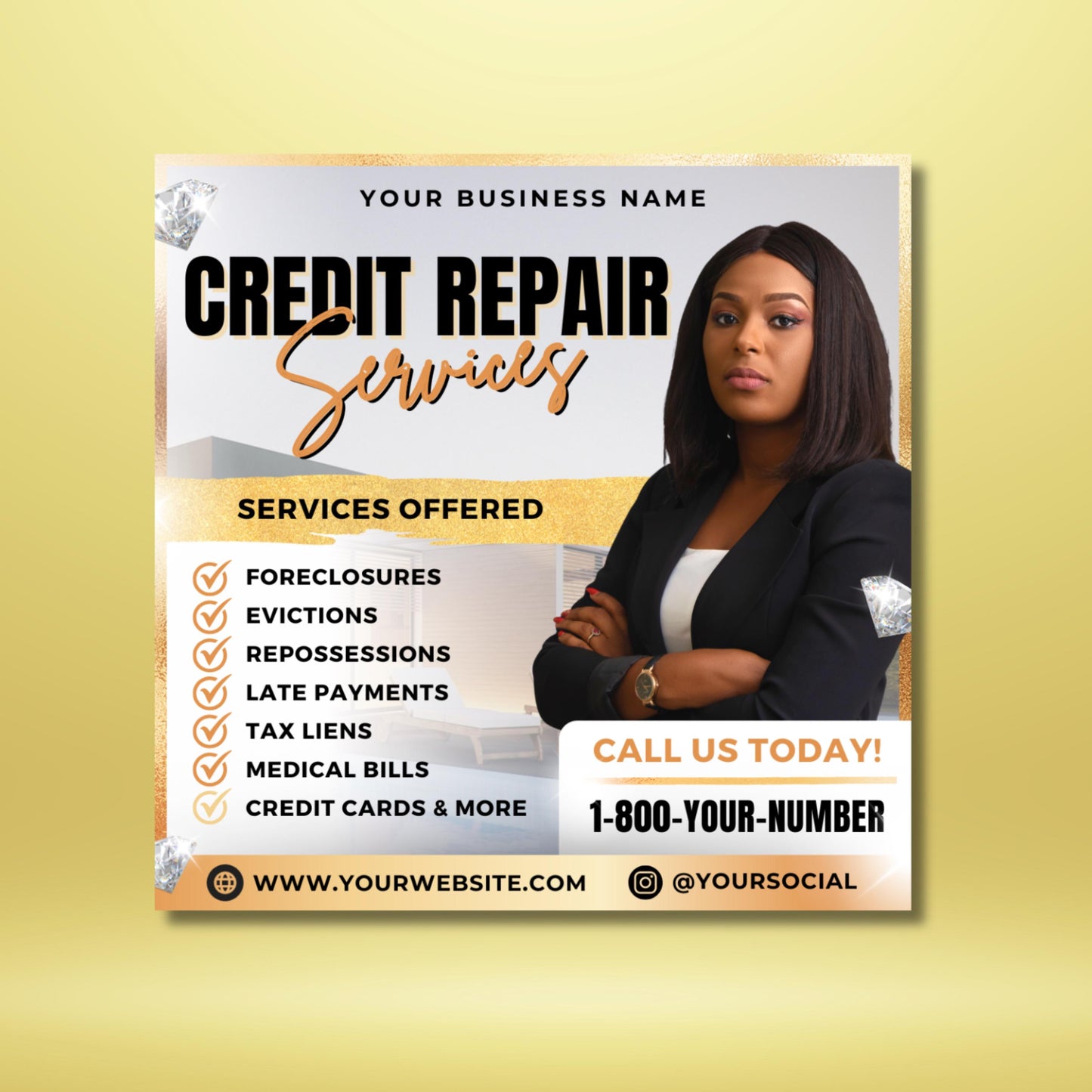 editable credit repair flyer template with black and gold design, featuring professional businesswoman photo and service list including foreclosures, evictions, repossessions, late payments, tax liens, medical bills, and credit cards. canva template for financial service businesses.