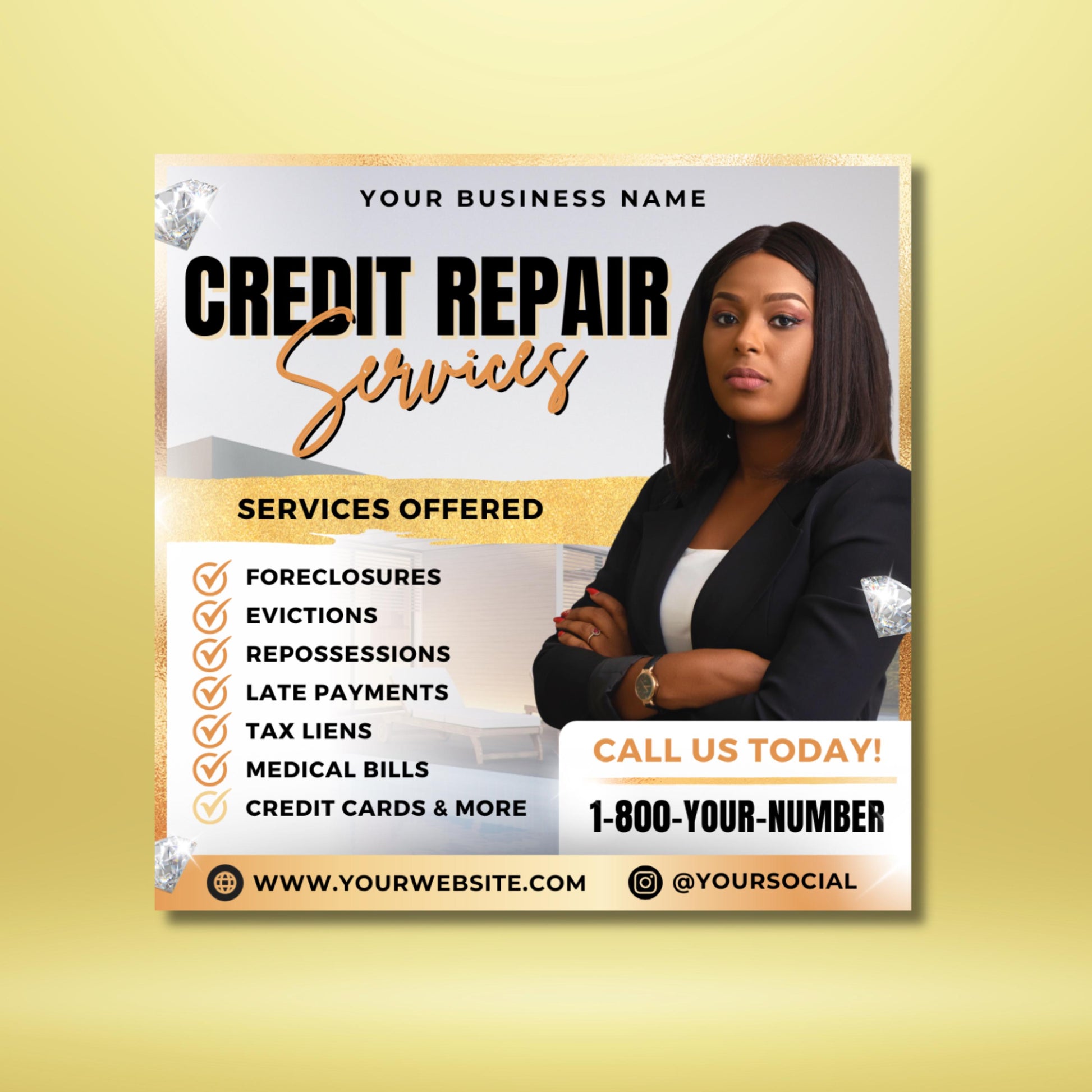 Editable Credit Repair Flyer Template with black and gold design, featuring professional businesswoman photo and service list including foreclosures, evictions, repossessions, late payments, tax liens, medical bills, and credit cards. Canva template for financial service businesses.