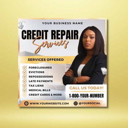 Editable Credit Repair Flyer Template with black and gold design, featuring professional businesswoman photo and service list including foreclosures, evictions, repossessions, late payments, tax liens, medical bills, and credit cards. Canva template for financial service businesses.