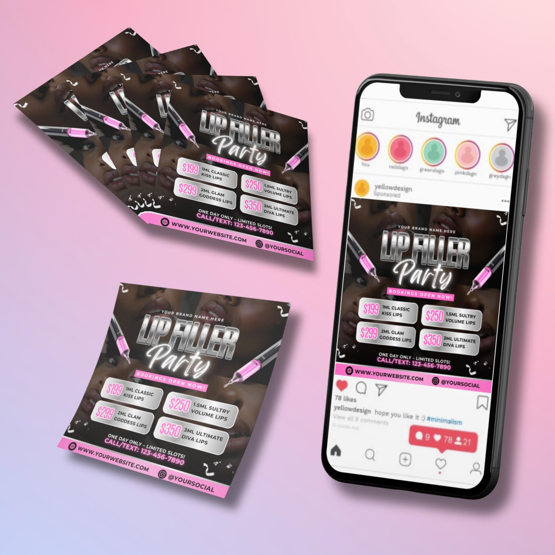 Editable Canva lip filler party flyer template with pink and silver accents, syringe graphics, pricing boxes, and bold modern fonts, designed for beauty clinics, medspas, and cosmetic nurses.
