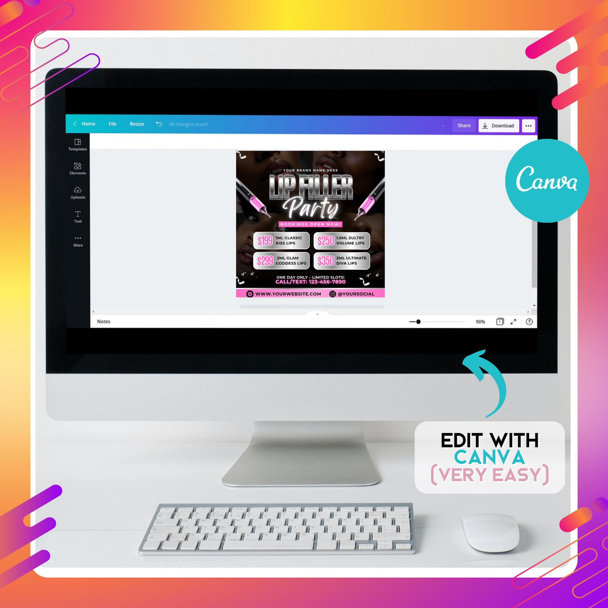 Editable Canva lip filler party flyer template with pink and silver accents, syringe graphics, pricing boxes, and bold modern fonts, designed for beauty clinics, medspas, and cosmetic nurses.