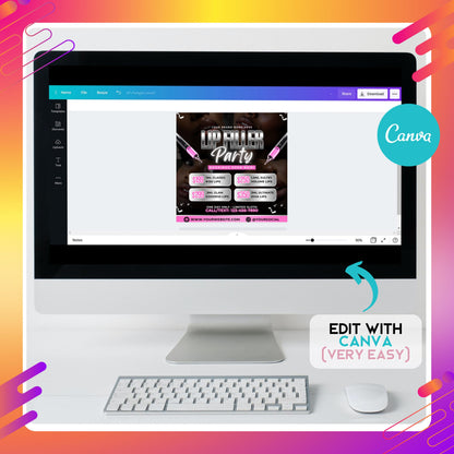 Editable Canva lip filler party flyer template with pink and silver accents, syringe graphics, pricing boxes, and bold modern fonts, designed for beauty clinics, medspas, and cosmetic nurses.