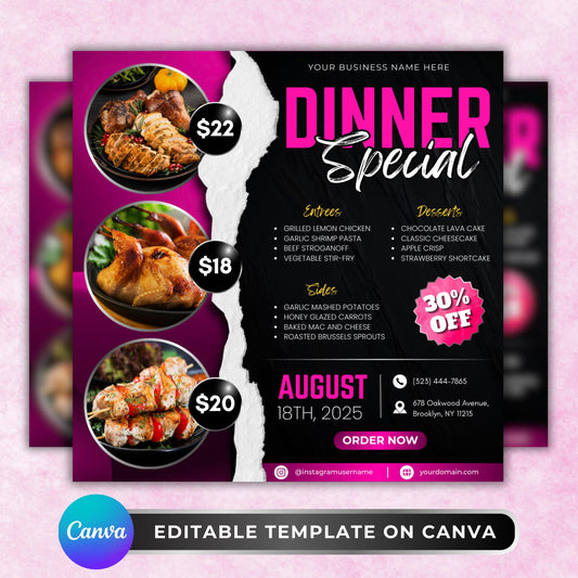 Dinner
Sale
Special
Promotion
Discount
Flyer
Template
Menu
Food
Restaurant
Meal
Offer
Limited Time
Order Now
Takeout
Delivery
Event
Appetizing
Photorealistic
Graphic
Vector
Customizable
Editable
Layout
Grid
Typography
Entrees
Sides
Desserts
Chicken
Beef
Shrimp
Pasta
Vegetarian
Stir-Fry
Mashed Potatoes
Carrots
Mac and Cheese
Brussels Sprouts
Chocolate
Cheesecake
Apple
StrawberryOrder Online
Contact Us
Limited Offer
Dont Miss Out
Grab Yours